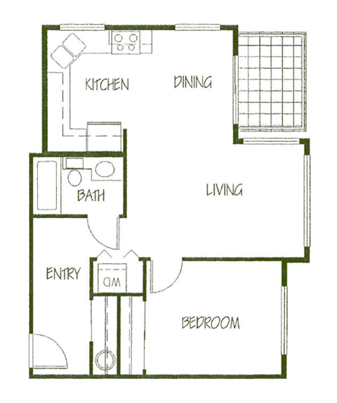 Floor plan for 1 bed, 1 bath, 635 sqft